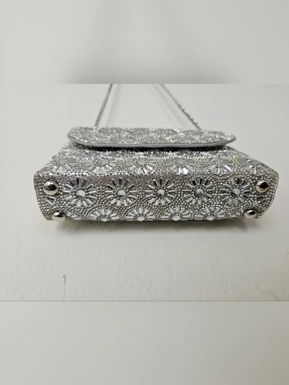Rhinestone Embellished Silver Evening Clutch with Chain